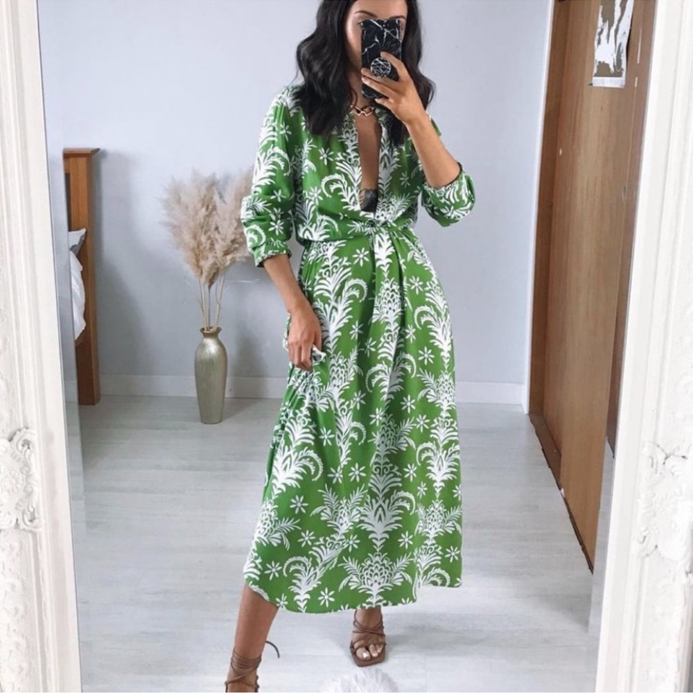 NWT_ZARA WOMAN MIDI BELTED PRINTED
DRESS FLOWY GREEN | 5216/046 The Lilou Dress